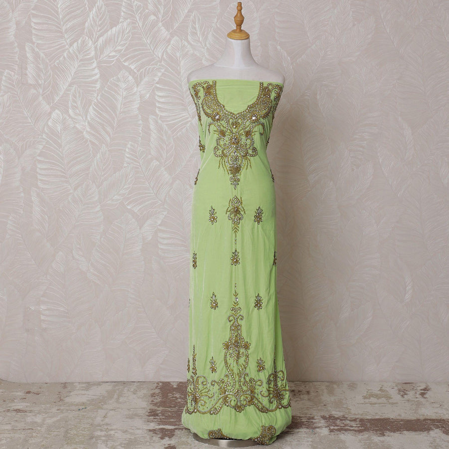 قماش مخملي من الحرير الأخضر كيلي مع تطريز ذهبي وفضي وخرز وحجر بتصميم زهور-D14717