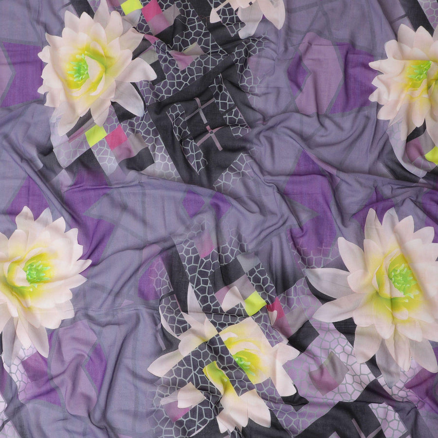 ثوب فوال من القطن الفاخر باللون الأرجواني مع طباعة متعددة الألوان بتصميم الأزهار-D11608