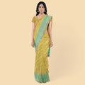 Gold to turquoise green imitation silk saree with multicolor print having gold jacquard in floral design-12783 Regal Fabrics