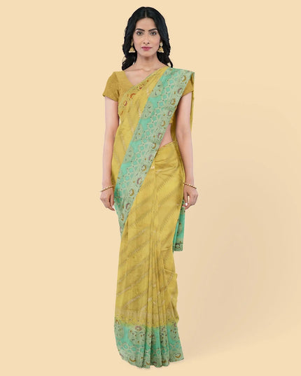 Gold to turquoise green imitation silk saree with multicolor print having gold jacquard in floral design-12783 Regal Fabrics