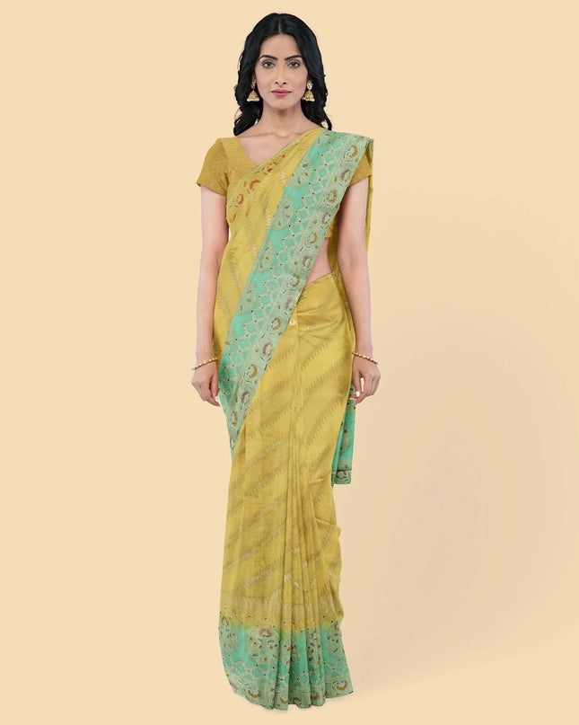 Gold to turquoise green imitation silk saree with multicolor print having gold jacquard in floral design-12783 Regal Fabrics