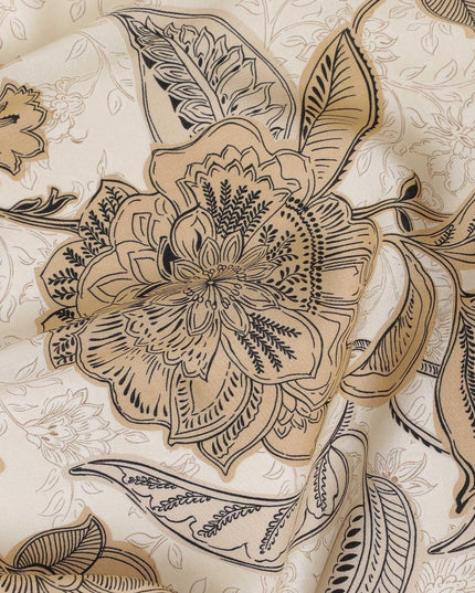 قماش فيسكوز إيطالي فاخر باللون البيج اللاتيه بنفس اللون، طباعة باللون الأسود والبني الشاحب بتصميم الأزهار-D12528