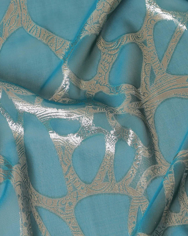 قماش شيفون من الحرير الخالص باللون الأزرق البحري مع لوريكس معدني ذهبي بتصميم تجريدي -D7982