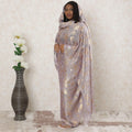 Light lilac Premium pure French (Fransawi) silk chiffon thobe with same tone viscose and gold metallic lurex in floral design-D14382