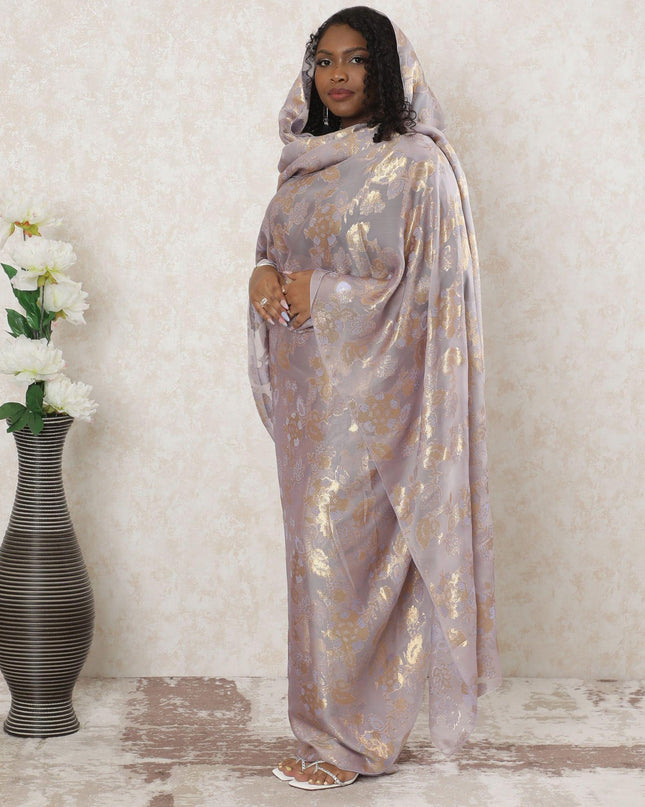 Light lilac Premium pure French (Fransawi) silk chiffon thobe with same tone viscose and gold metallic lurex in floral design-D14382