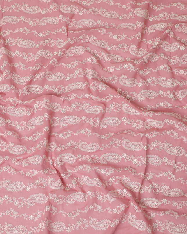 Coral pink premium pure cotton voile fabric with beige embroidery in paisley design-D13635