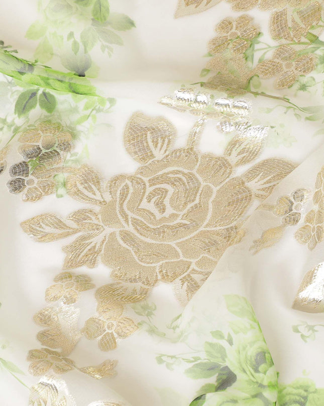 قماش شيفون من الحرير الخالص باللون الأبيض الفاتح مع طباعة باللون الأخضر الباستيل مع لوريكس معدني ذهبي بتصميم الأزهار-D8328