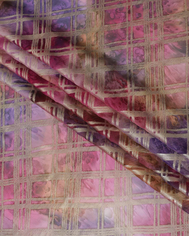 قماش شيفون من الحرير الخالص متعدد الألوان مع لوريكس معدني ذهبي بتصميم مربعات -D11414