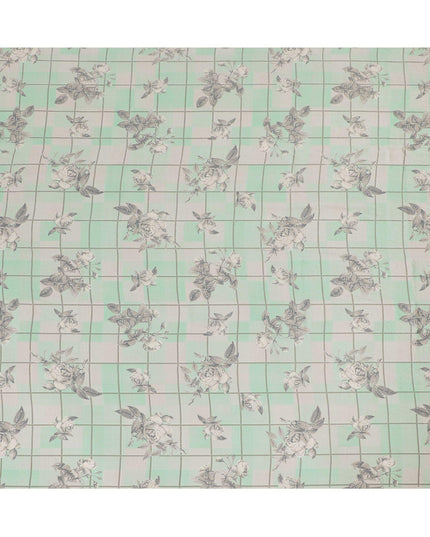 Mint green synthetic crepe fabric with beige and grey print having stone work in floral design-D15297 - Regal Fabrics
