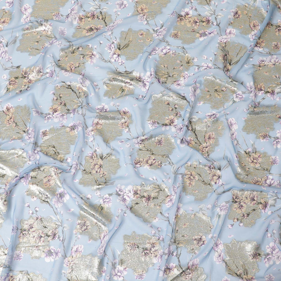 قماش شيفون صناعي أزرق بليزارد مع طباعة متعددة الألوان مع لوريكس معدني ذهبي بتصميم زهور-D8310
