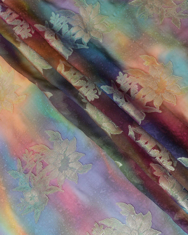 قماش شيفون حريري خالص مطبوع متعدد الألوان مع لوركس معدني ذهبي وفضي بتصميم زهور-D12422