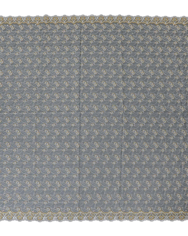 Charcoal grey blue Premium pure 100% Swiss cotton voile (Sudanese Thobe) fabric with white and gold embroidery having stone work in fancy design-D13793