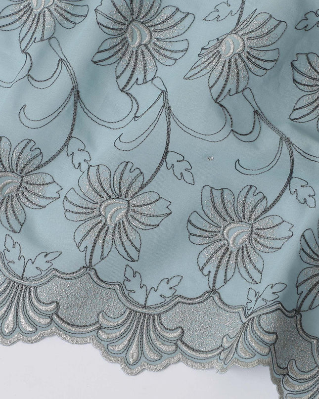 Light mint blue Premium pure 100% Swiss cotton voile (Sudanese Thobe) fabric with grey and silver embroidery having stone work in fancy design-D13797