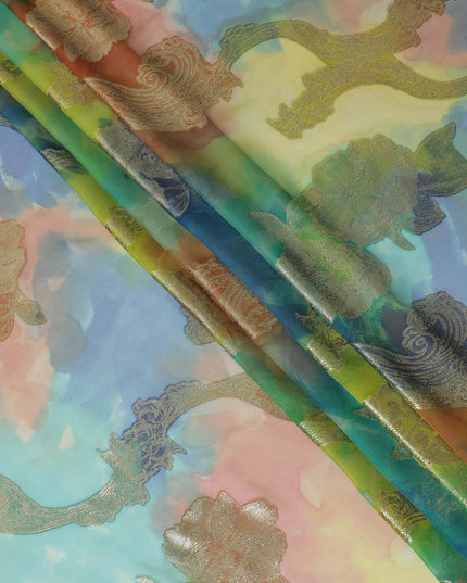 قماش شيفون حريري فرنسي (فرنساوي) فاخر متعدد الألوان مع لوركس معدني ذهبي بتصميم زهور-D14017