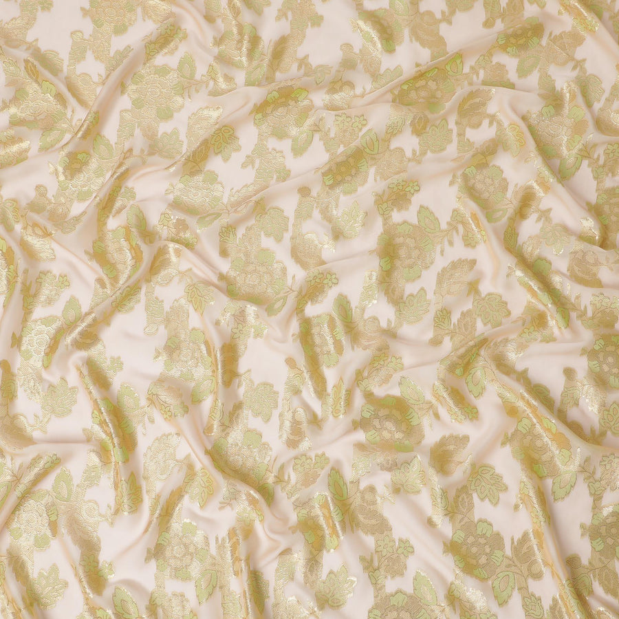 Golden yellow premium pure French (Fransawi) silk chiffon fabric with neon green viscose and gold metallic lurex in floral design-D14271