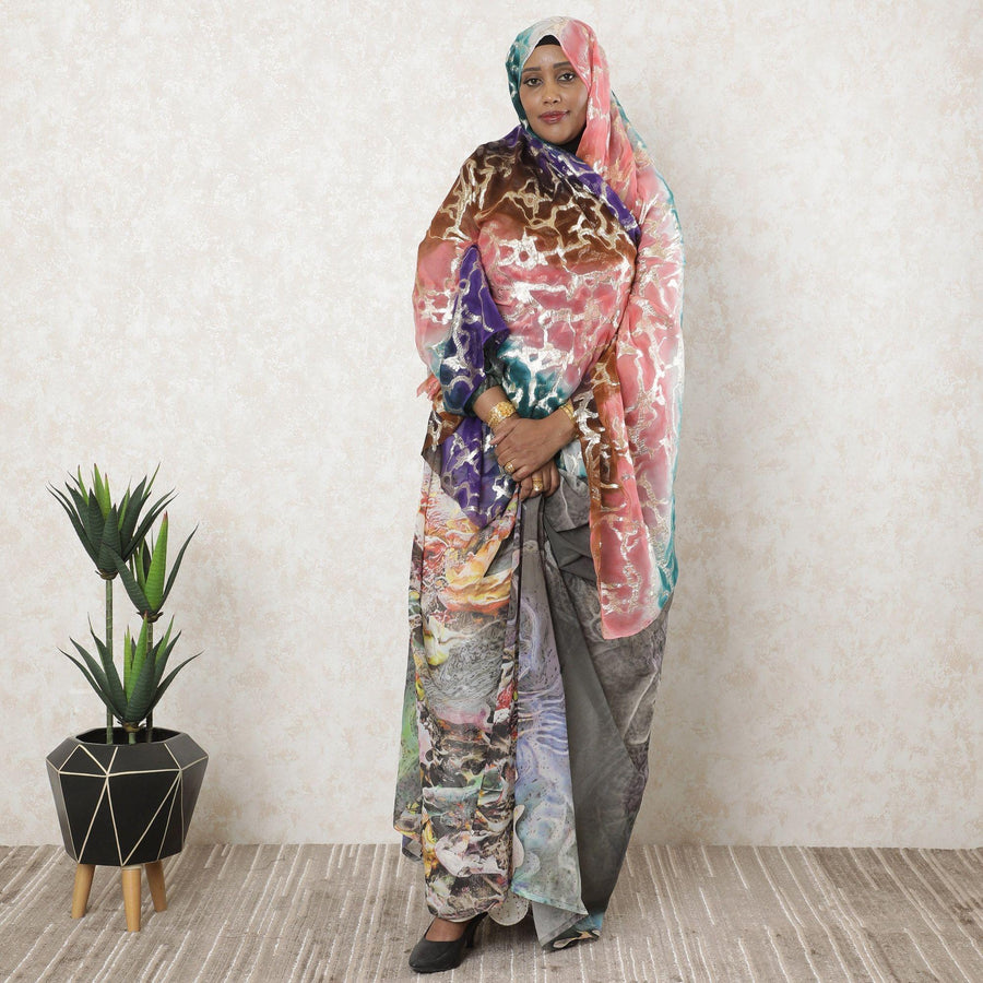 Multicolor premium pure silk chiffon garbasaar with gold metallic lurex in fancy design-D11593