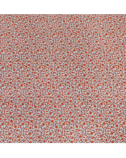 Cloud grey premium pure silk crepe fabric with pumpkin orange and red print in floral design-D12075