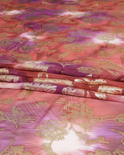Brick red, magenta pink Premium Pure silk chiffon dirac with gold metallic lurex in floral design-D8866