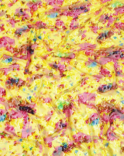 Sunflower yellow Italian Premium silk chiffon dirac (makmal) fabric with multicolor print and velvet jacquard in floral design-D8661 Regal Fabrics
