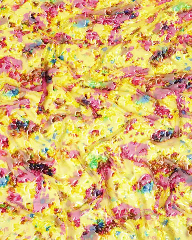 Sunflower yellow Italian Premium silk chiffon dirac (makmal) fabric with multicolor print and velvet jacquard in floral design-D8661 Regal Fabrics