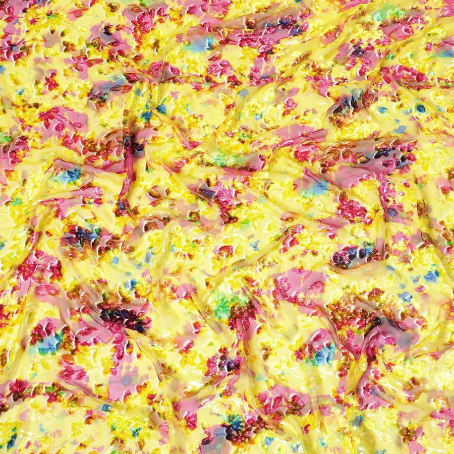 Sunflower yellow Italian Premium silk chiffon dirac (makmal) fabric with multicolor print and velvet jacquard in floral design-D8661 Regal Fabrics
