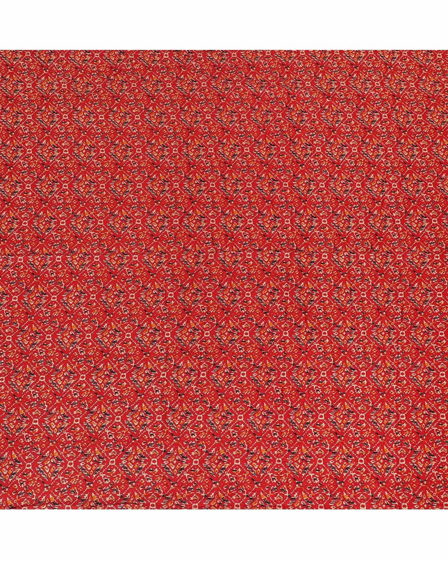 Crimson red cotton viscose fabric with black, orange and gold print in batik design-D14192 Regal Fabrics