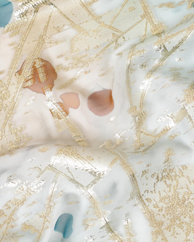 قماش شيفون حريري خالص مطبوع يدويًا متعدد الألوان مع لوركس معدني ذهبي بتصميم زهور-D9415