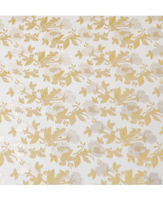 قماش شيفون حريري فرنسي (فرنساوي) فاخر باللون الأبيض الفاتح مع فيسكوز ذهبي ولوريكس معدني بتصميم زهور -D15637