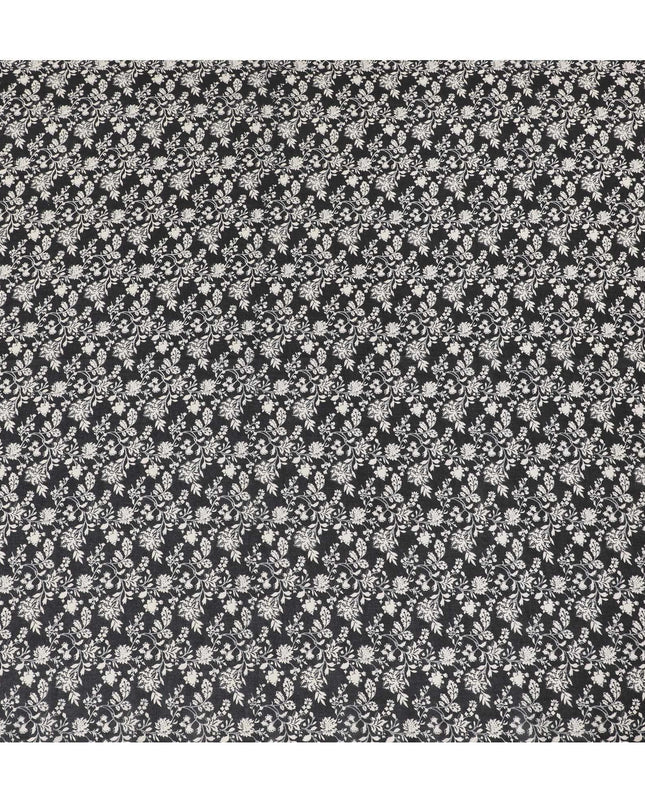 Black cotton voile fabric with beige print in floral design-D15145