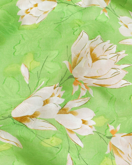 Screamin green uragiri cotton voile fabric with same tone jacquard having off white, light mustard and peach print in floral design-D7322