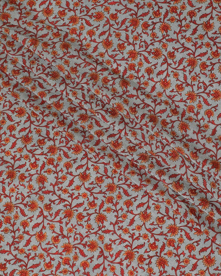 Cloud grey premium pure silk crepe fabric with pumpkin orange and red print in floral design-D12075