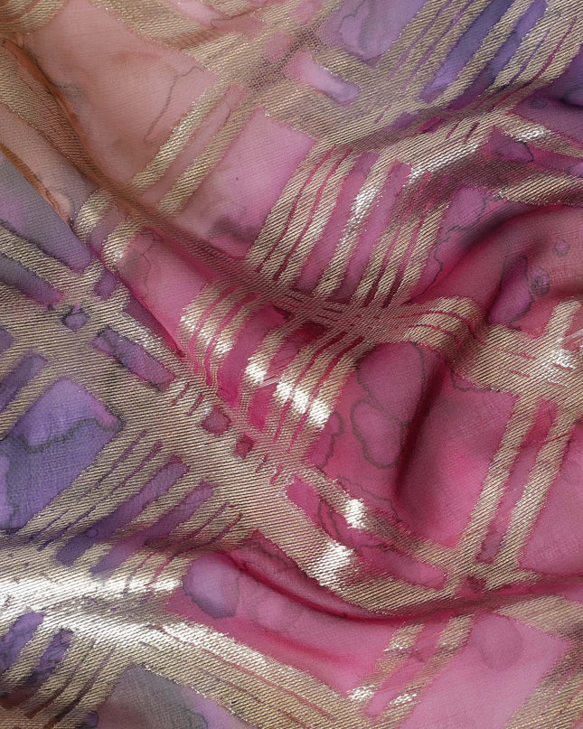 قماش شيفون من الحرير الخالص متعدد الألوان مع لوريكس معدني ذهبي بتصميم مربعات -D11414