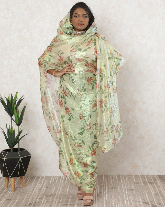 ثوب شيفون من الحرير الخالص باللون البيج اللاتيه مع طباعة متعددة الألوان مع لوريكس أخضر نيون معدني بتصميم الأزهار-D11634