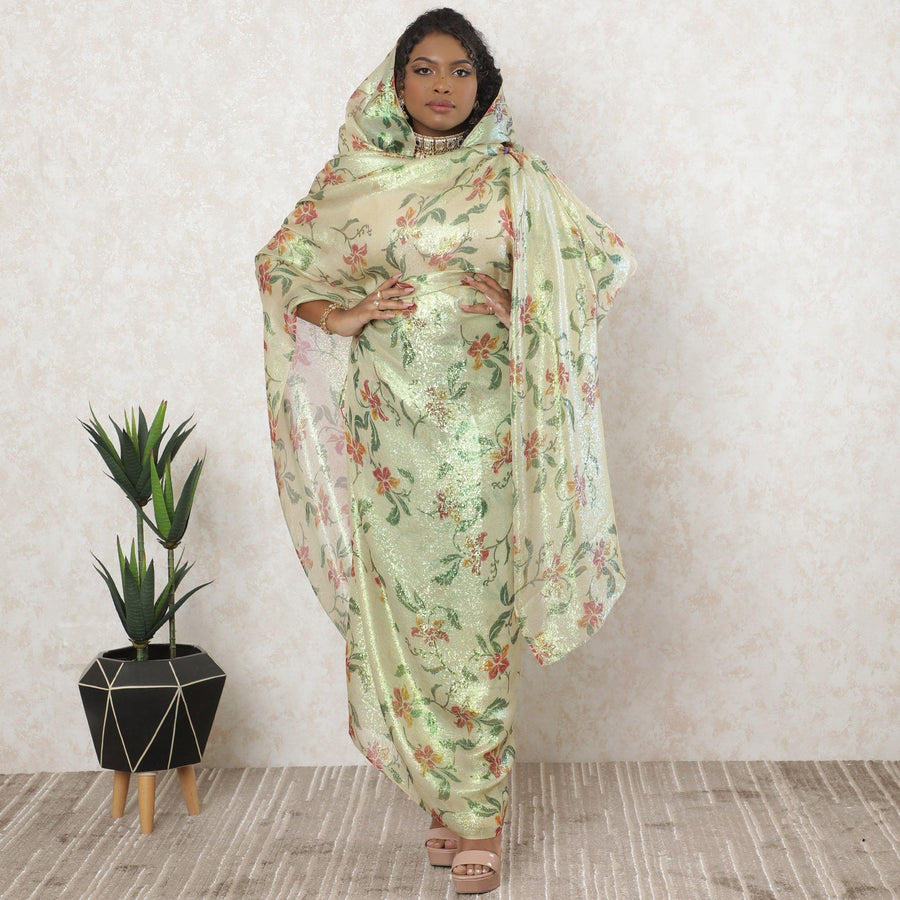 Latte beige premium pure silk chiffon thobe with multicolor print having neon green metallic lurex in floral design-D11634