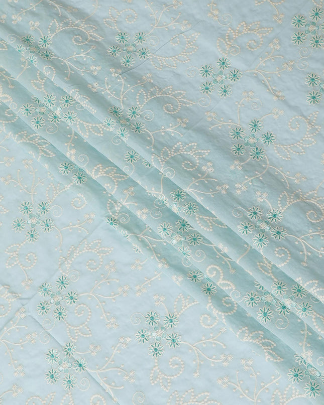 Baby blue premium pure cotton voile fabric with beige and turquoise fabric embroidery in floral design-D13599