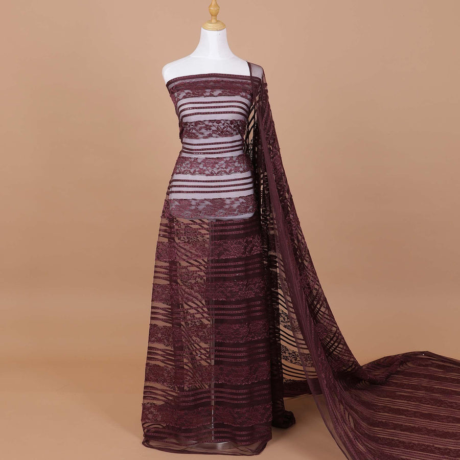 قماش تول من النايلون البني المحروق مع تطريز بنفس اللون مع ترتر بتصميم مخطط -D9194