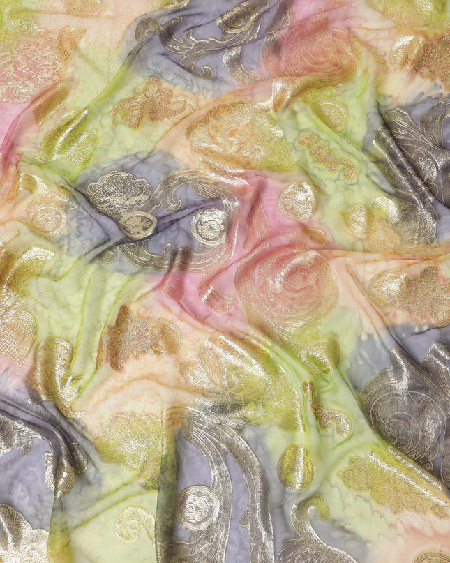 قماش شيفون حريري فرنسي (فرنساوي) فاخر متعدد الألوان مع لوركس معدني ذهبي بتصميم زهور-D14122