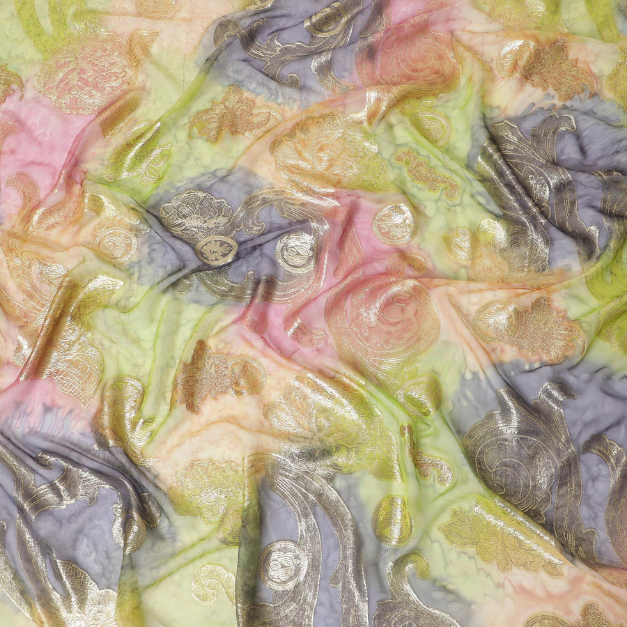 Multicolor Premium pure French (Fransawi) silk chiffon fabric with gold metallic lurex in floral design-D14122