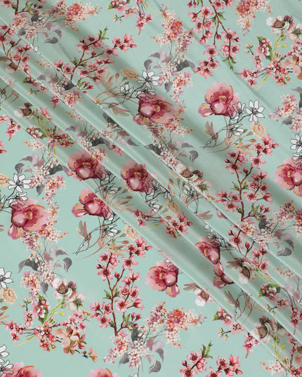 Light turquoise green viscose fabric with multicolor print in floral design-D12265