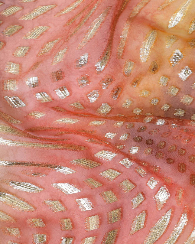 قماش شيفون حريري خالص مطبوع متعدد الألوان مع لوركس معدني ذهبي وفضي بتصميم تجريدي-D12428