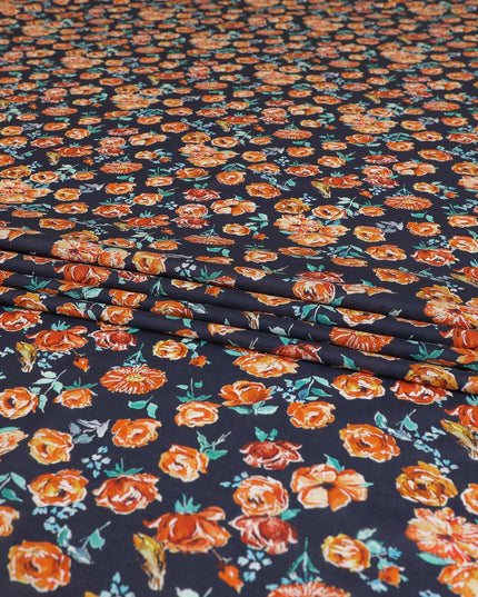 Navy blue Premium Spanish 100% cotton lawn fabric with sea green, peach and white print in floral design-D9238