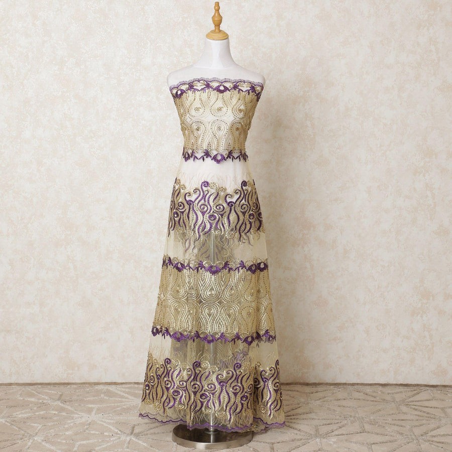 Gold nylon tulle fabric with same tone, purple embroidery having stone work in floral design-D12211