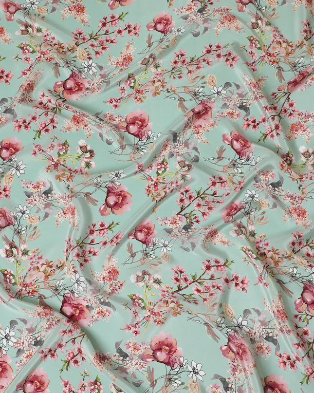 Vista green synthetic crepe fabric with multicolor print in floral design-D14467 Regal Fabrics