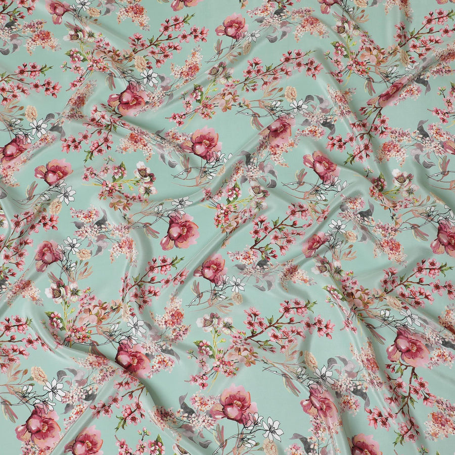 قماش فيستا كريب صناعي أخضر مع طباعة متعددة الألوان بتصميم زهور-D14467