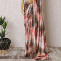 Off white synthetic satin saree with multicolor print having stone work in fancy deisgn-D15514