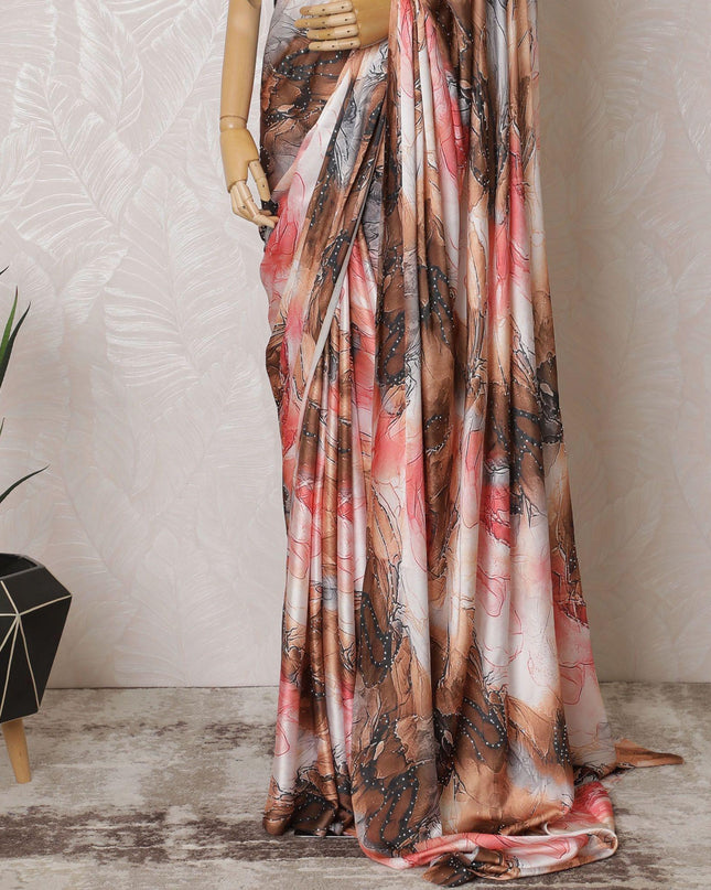 Off white synthetic satin saree with multicolor print having stone work in fancy deisgn-D15514
