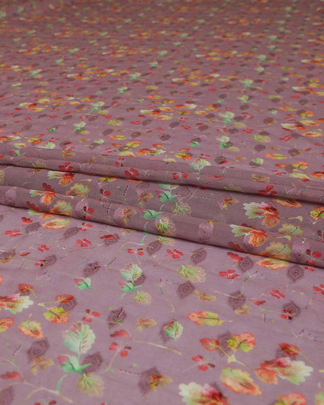 Mauve cotton voile fabric with same tone jacquard having multicolor print in floral design-D9122