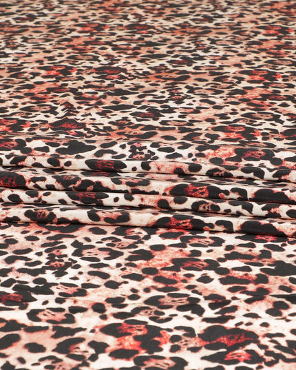 Beige premium pure silk crepe fabric with peach and black print in animal skin design-D9391