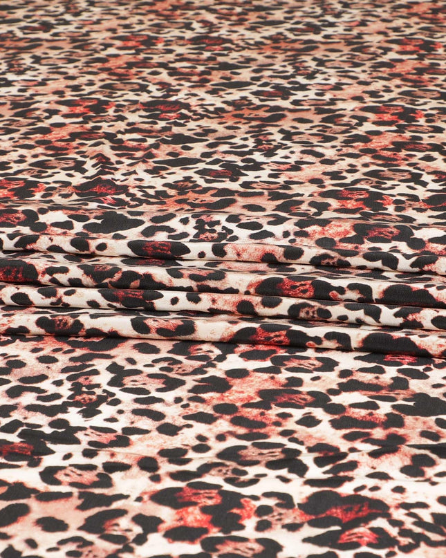 Beige premium pure silk crepe fabric with peach and black print in animal skin design-D9391