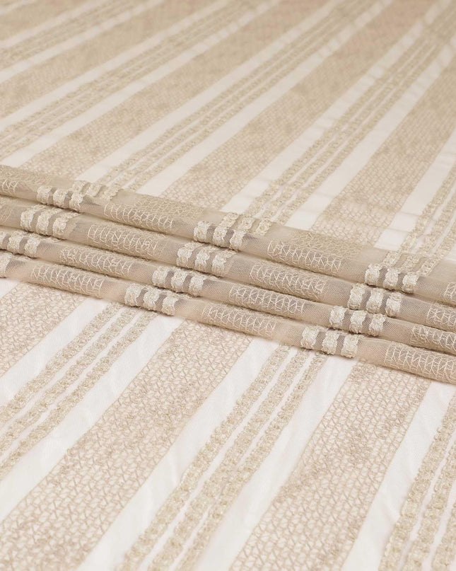 Gold nylon tulle fabric with same tone embroidery and sequins in stripe design-D6681 Regal Fabrics